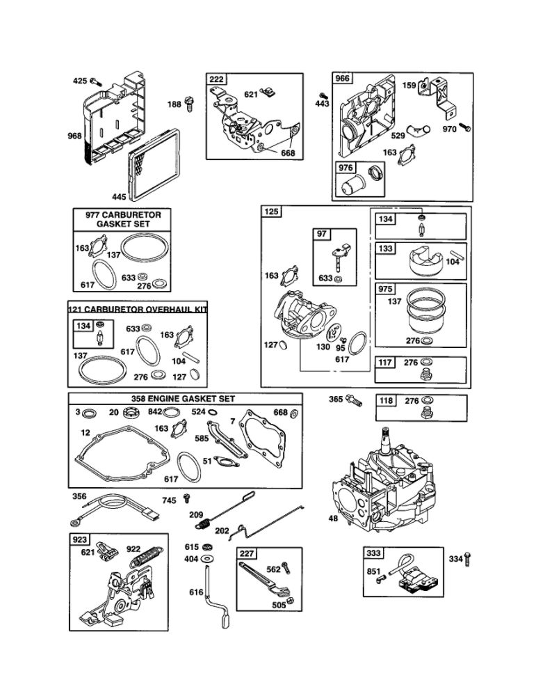 Carburetor/Short Block Diagram and Parts List for 123K02-0317-E1  Briggs and Stratton Engine
